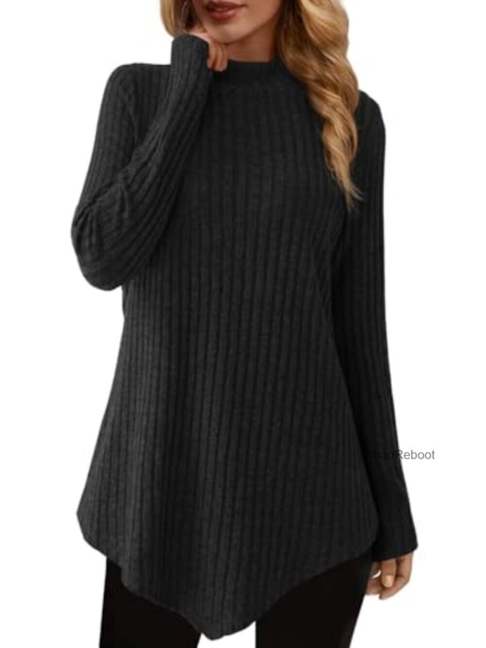 Ribbed Knit Mock Turtleneck Tunic Sweater Long Sleeve Asymmetrical Hem Top